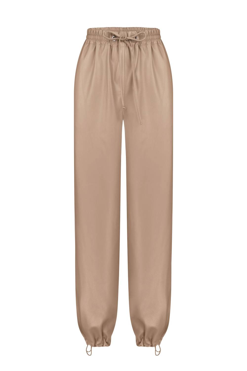 Beige ecoleather elastic-waist trousers 2