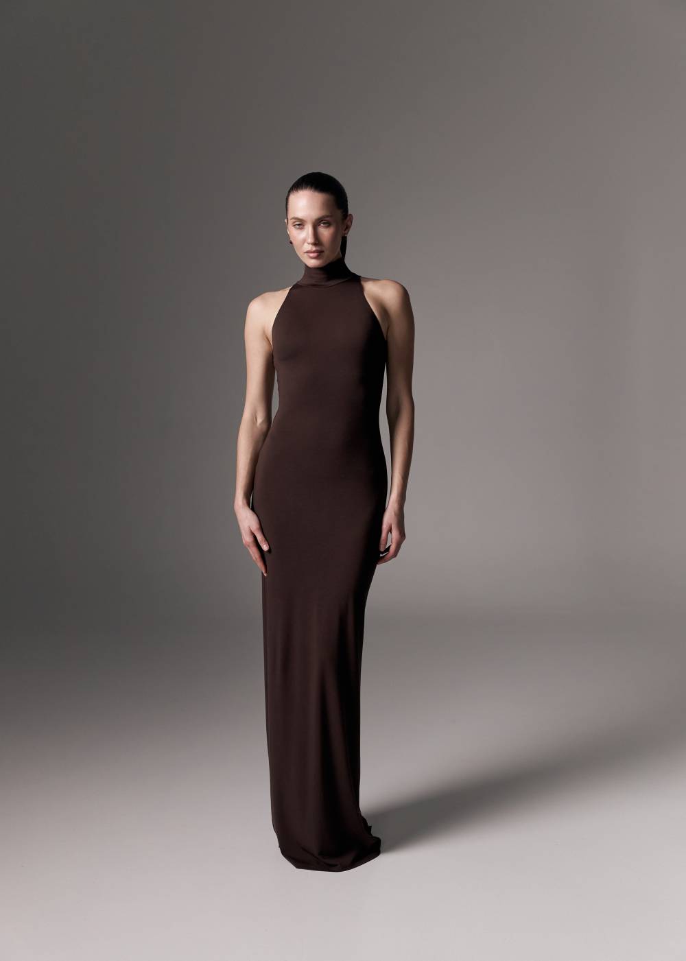 BROWN MAXI DRESS WITH A HALTER CUTOUT22