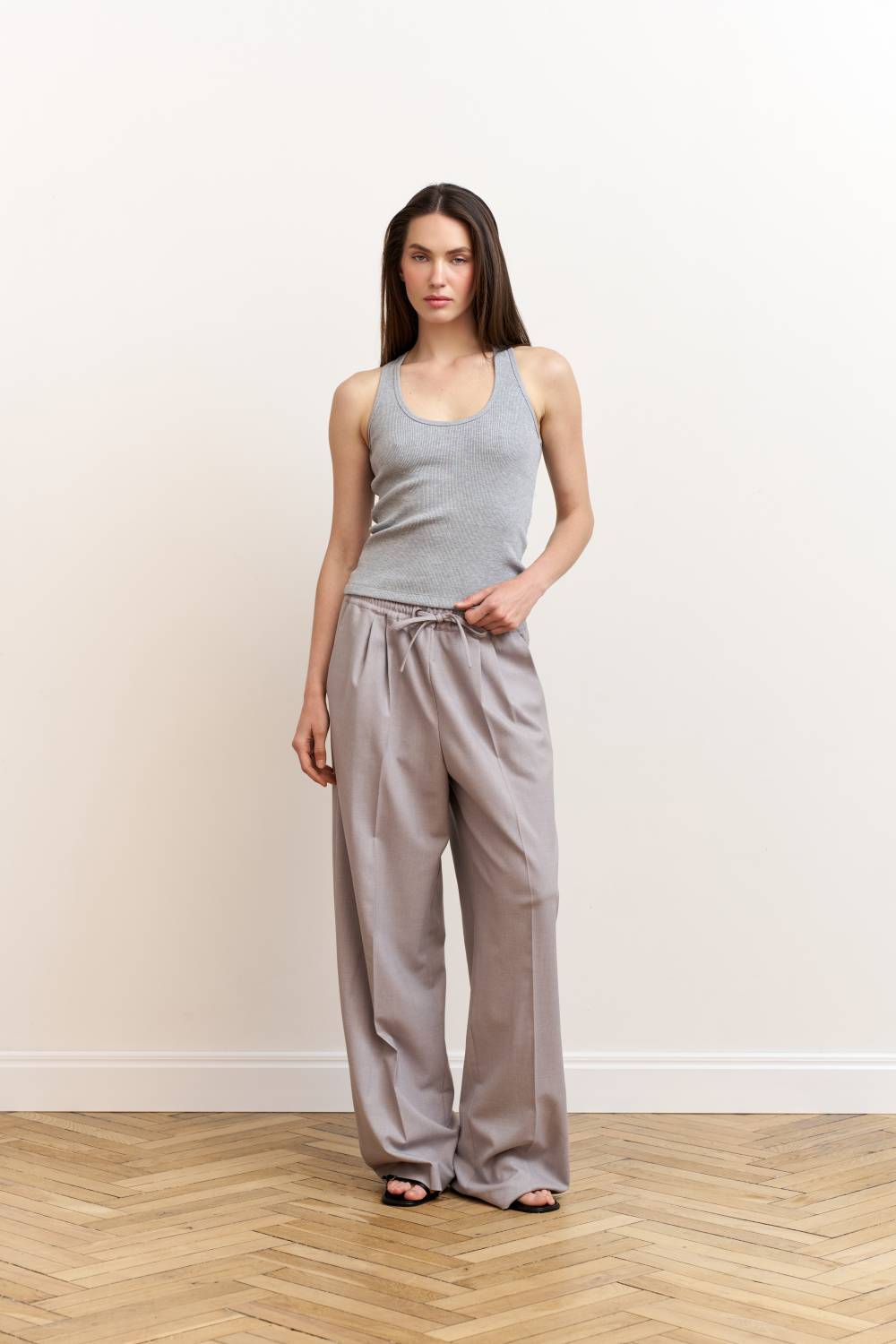 Light grey elastic waist trousers 1