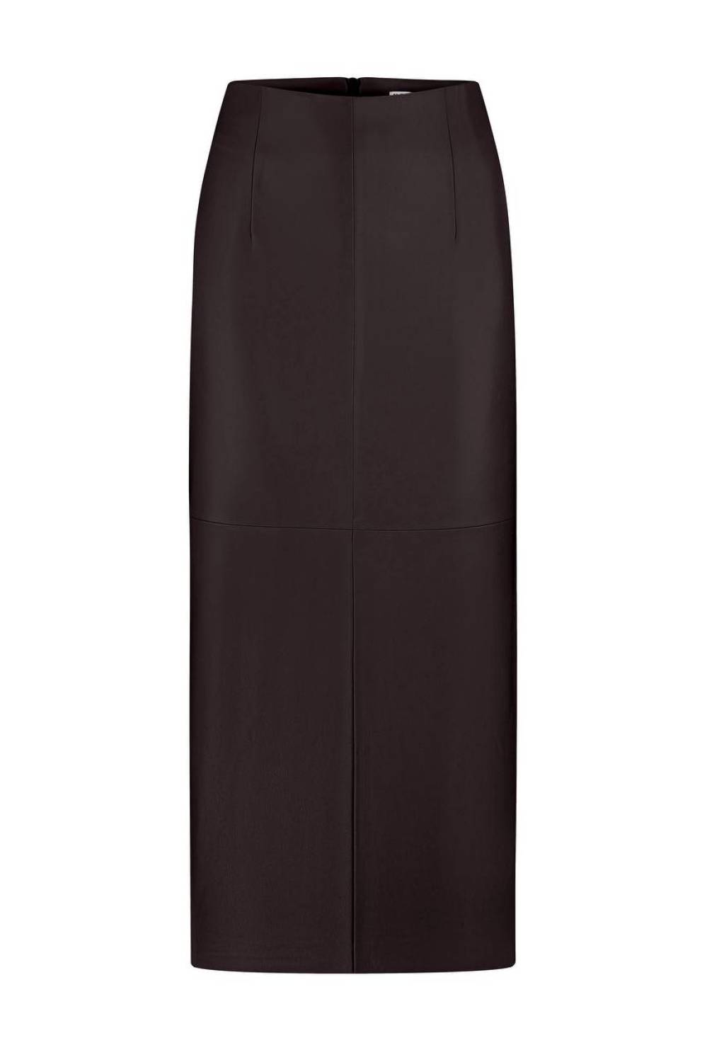 CHOCOLATE FAUX LEATHER MIDI SKIRT