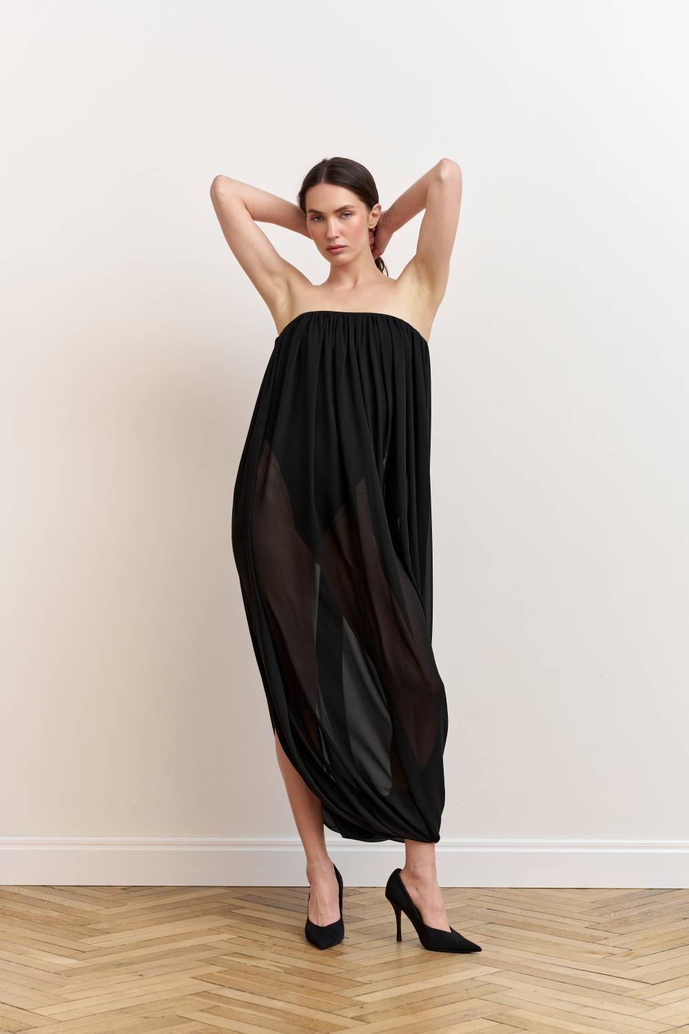 Black draped bodysuit dress6