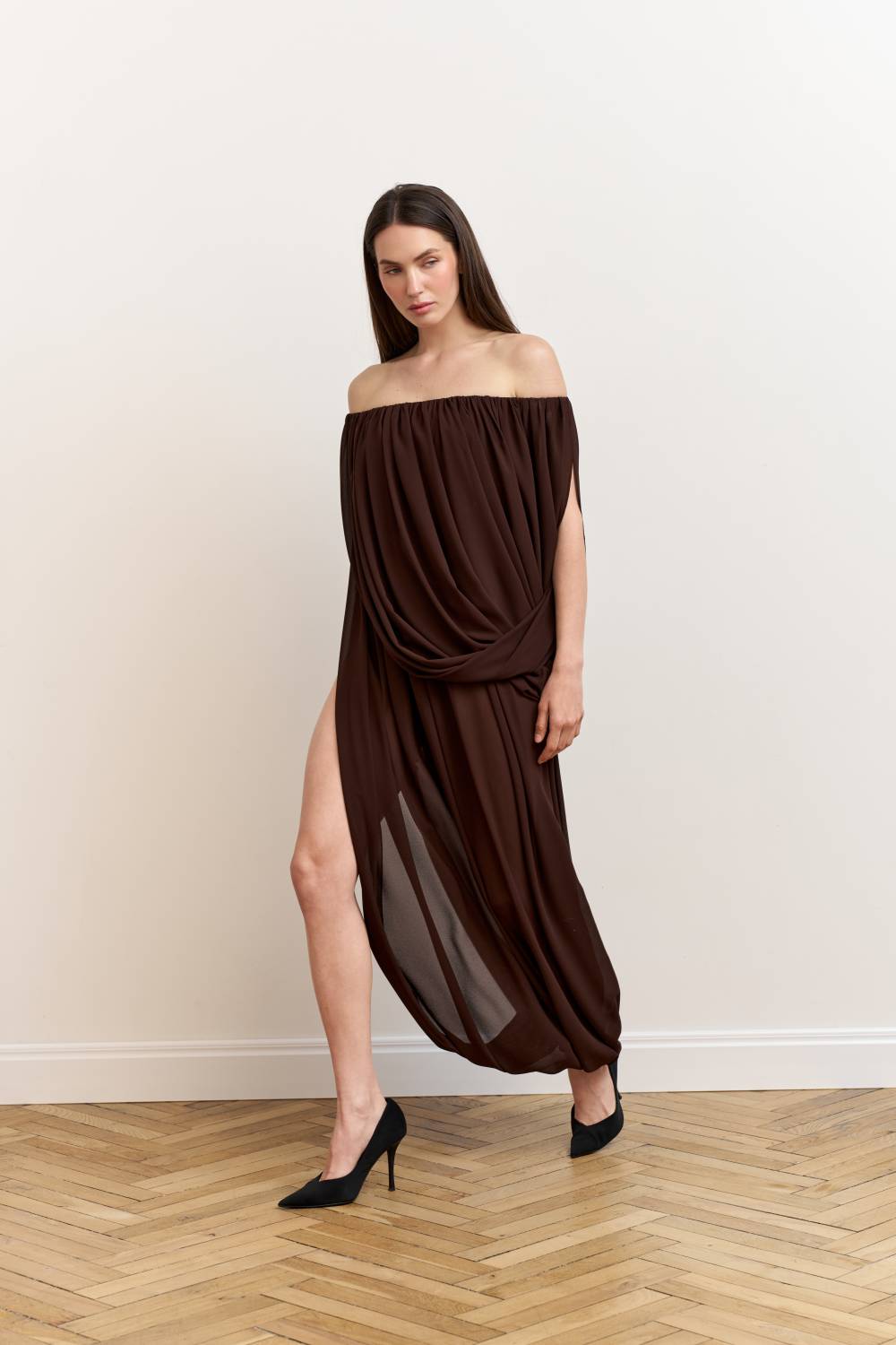 Brown asymmetrical draped dress2
