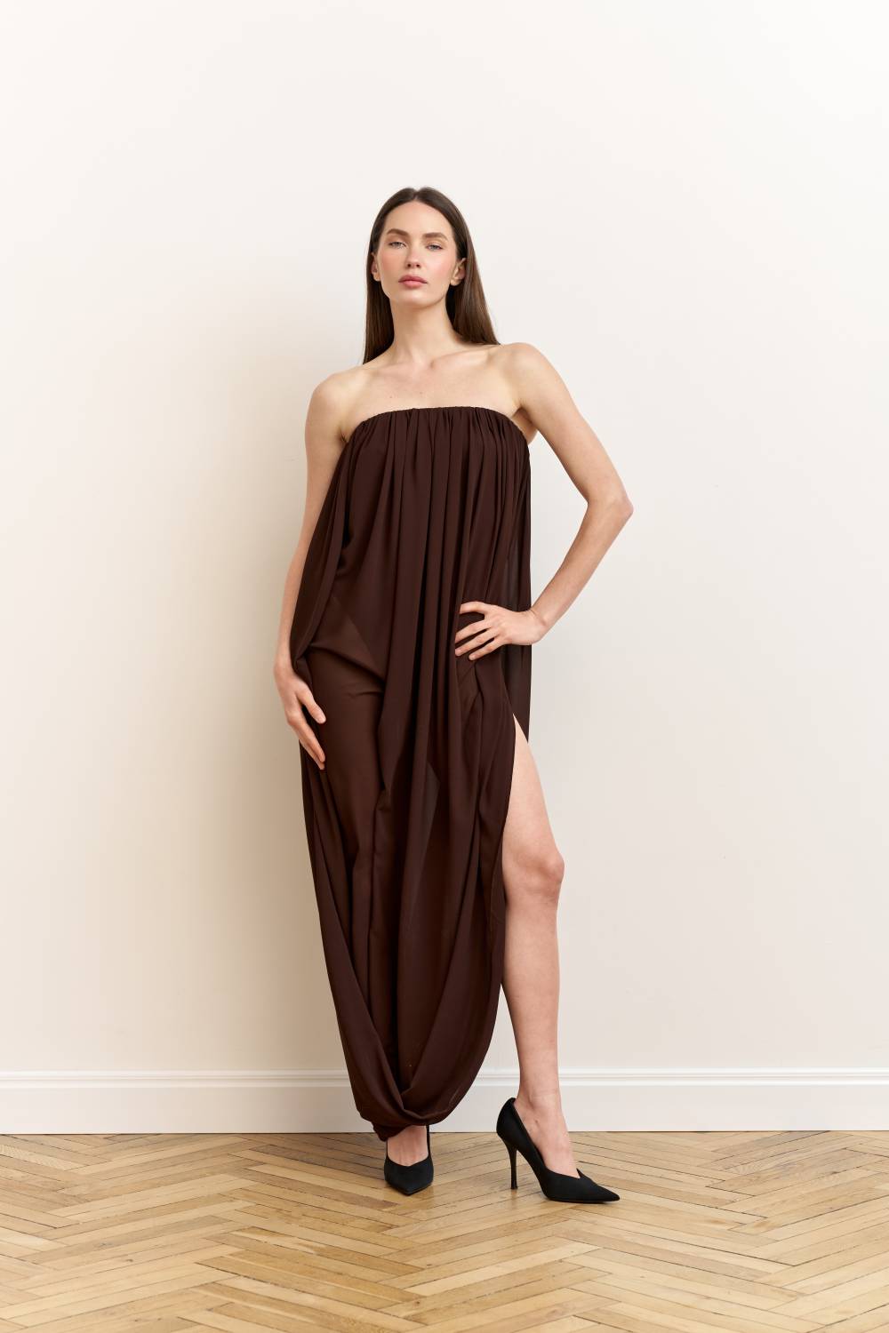 Brown draped bodysuit dress9