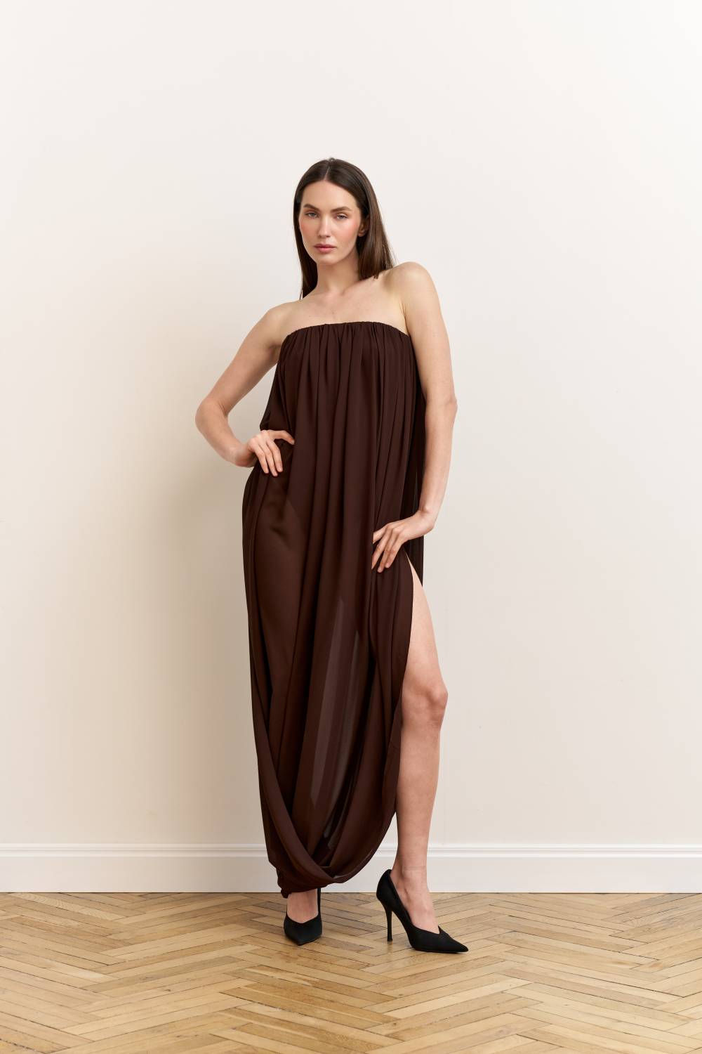 Brown draped bodysuit dress2