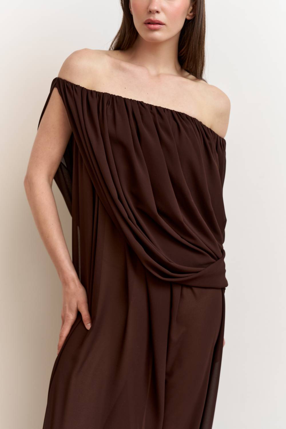 Brown asymmetrical draped dress9