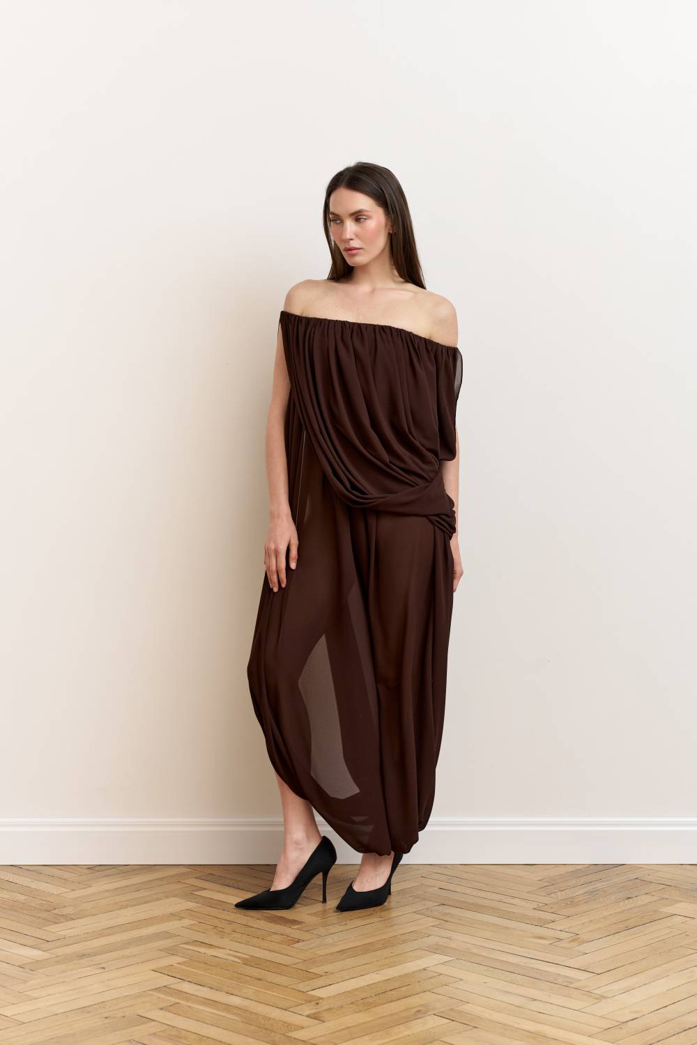 Brown asymmetrical draped dress5