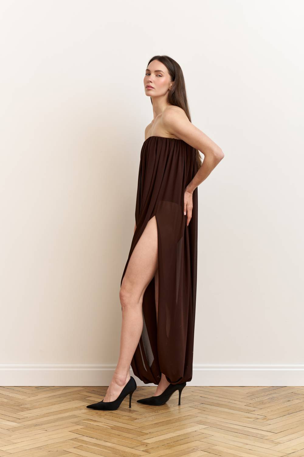 Brown draped bodysuit dress4