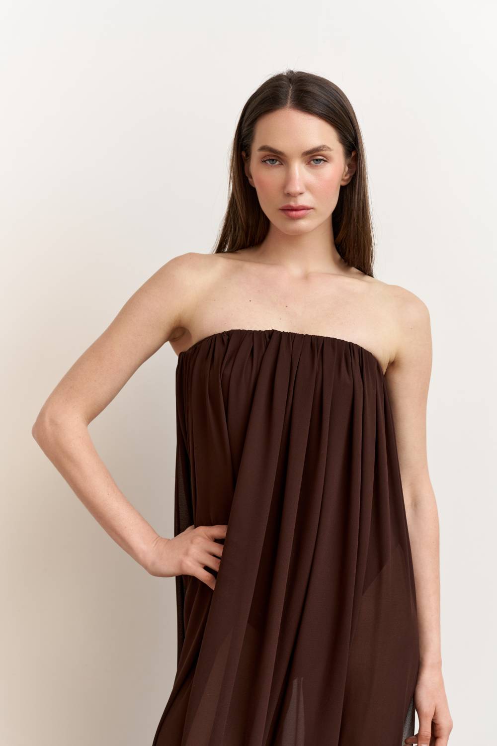 Brown draped bodysuit dress8