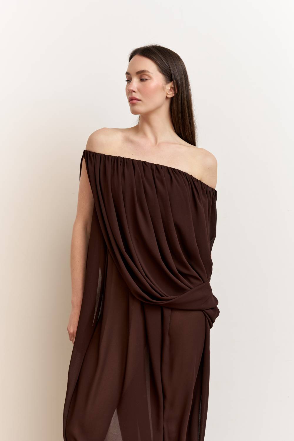 Brown asymmetrical draped dress8