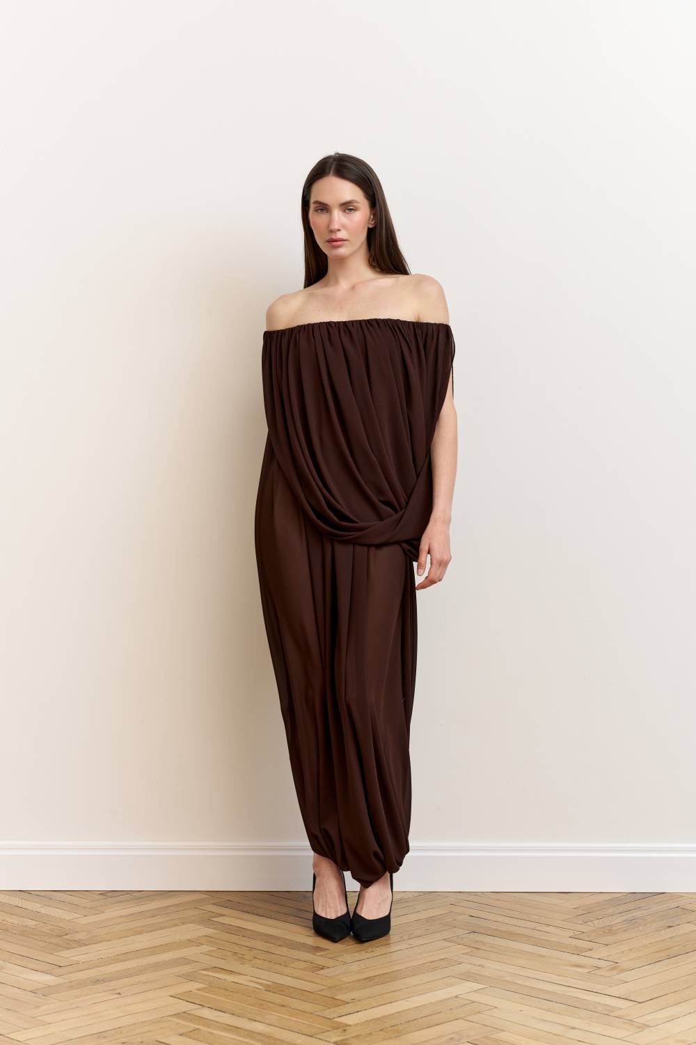 Brown asymmetrical draped dress4