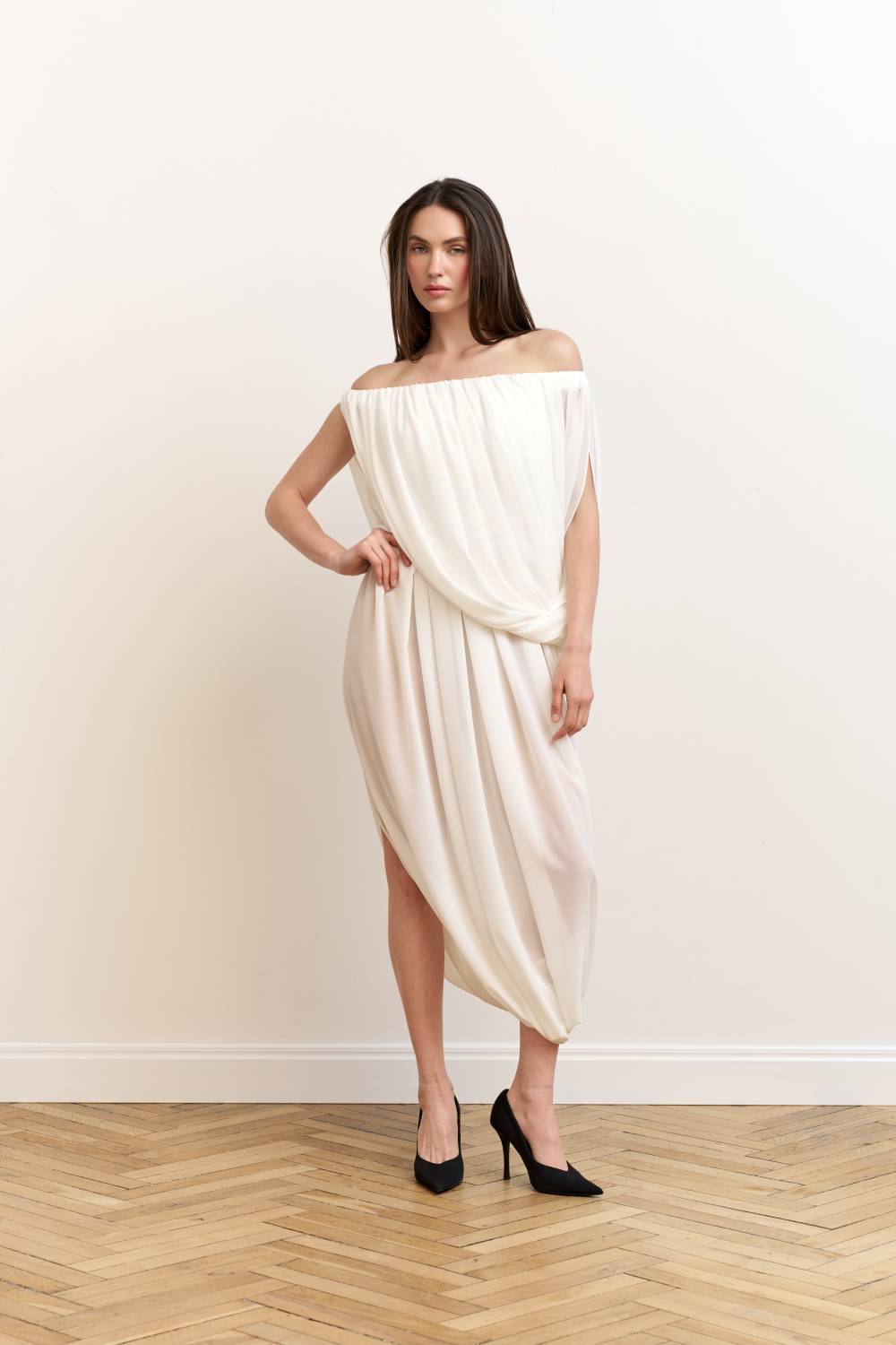 Milk asymmetric draped dress2
