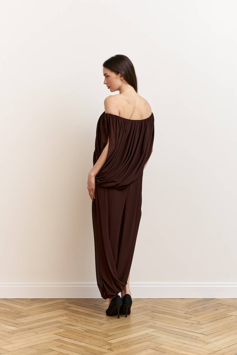 Brown asymmetrical draped dress10