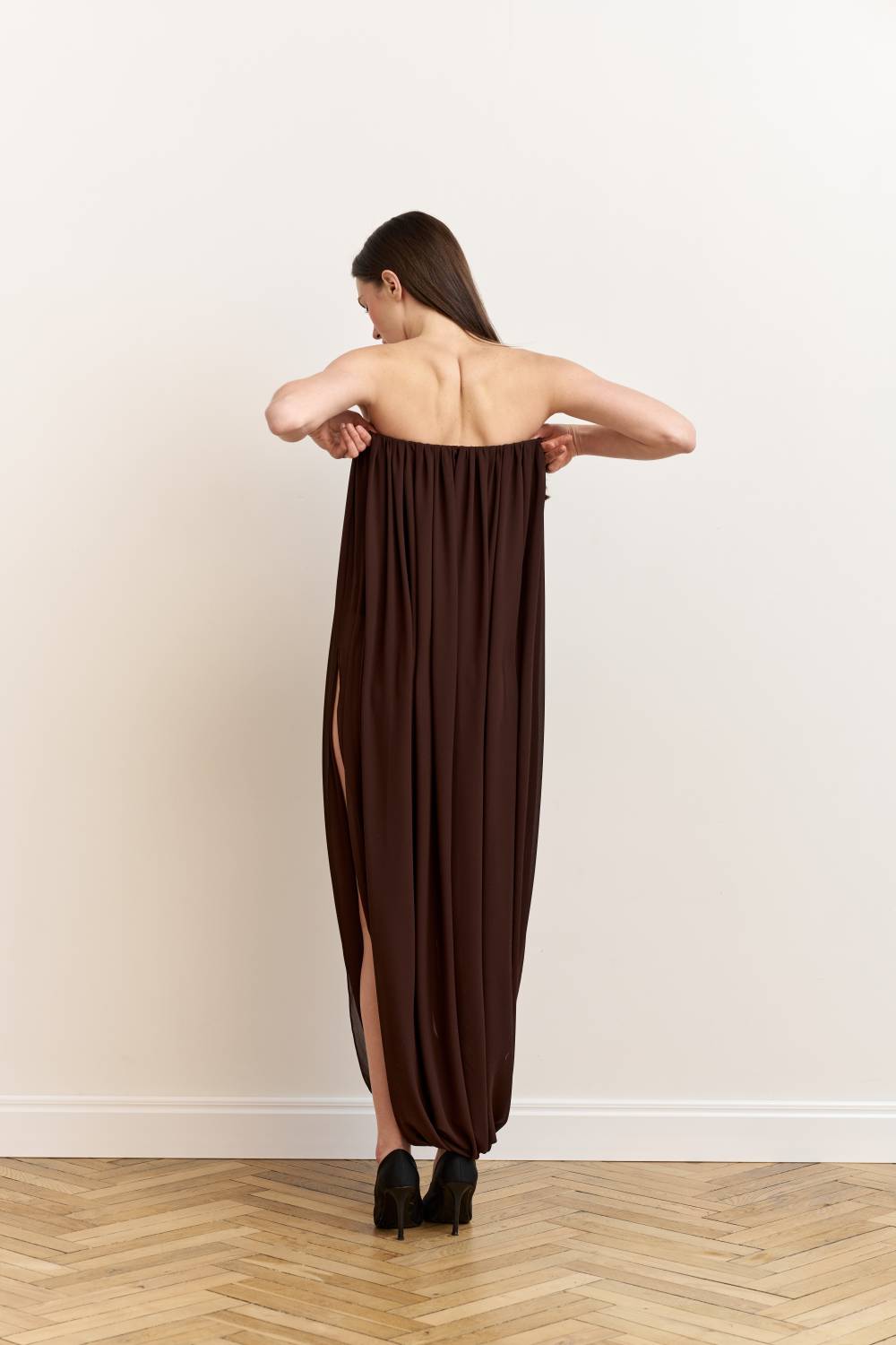 Brown draped bodysuit dress5