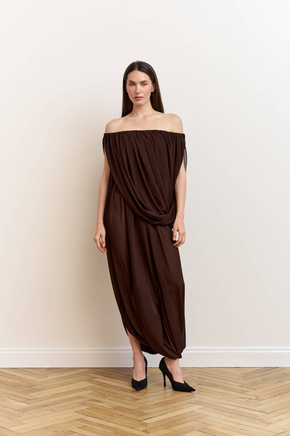 Brown asymmetrical draped dress6