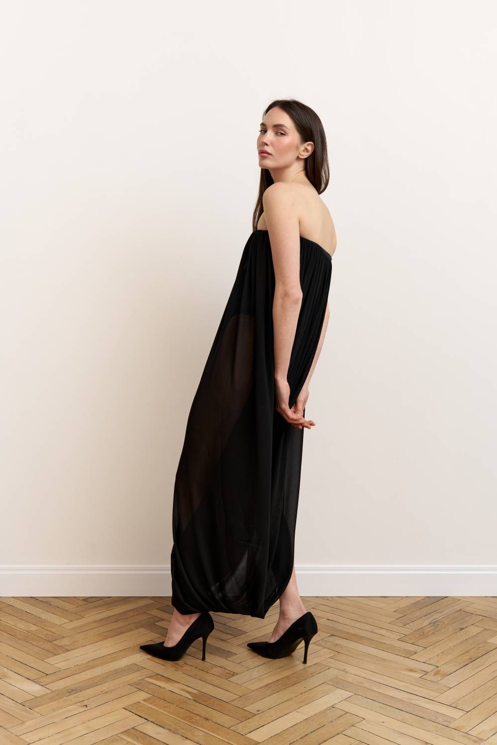 Black draped bodysuit dress3