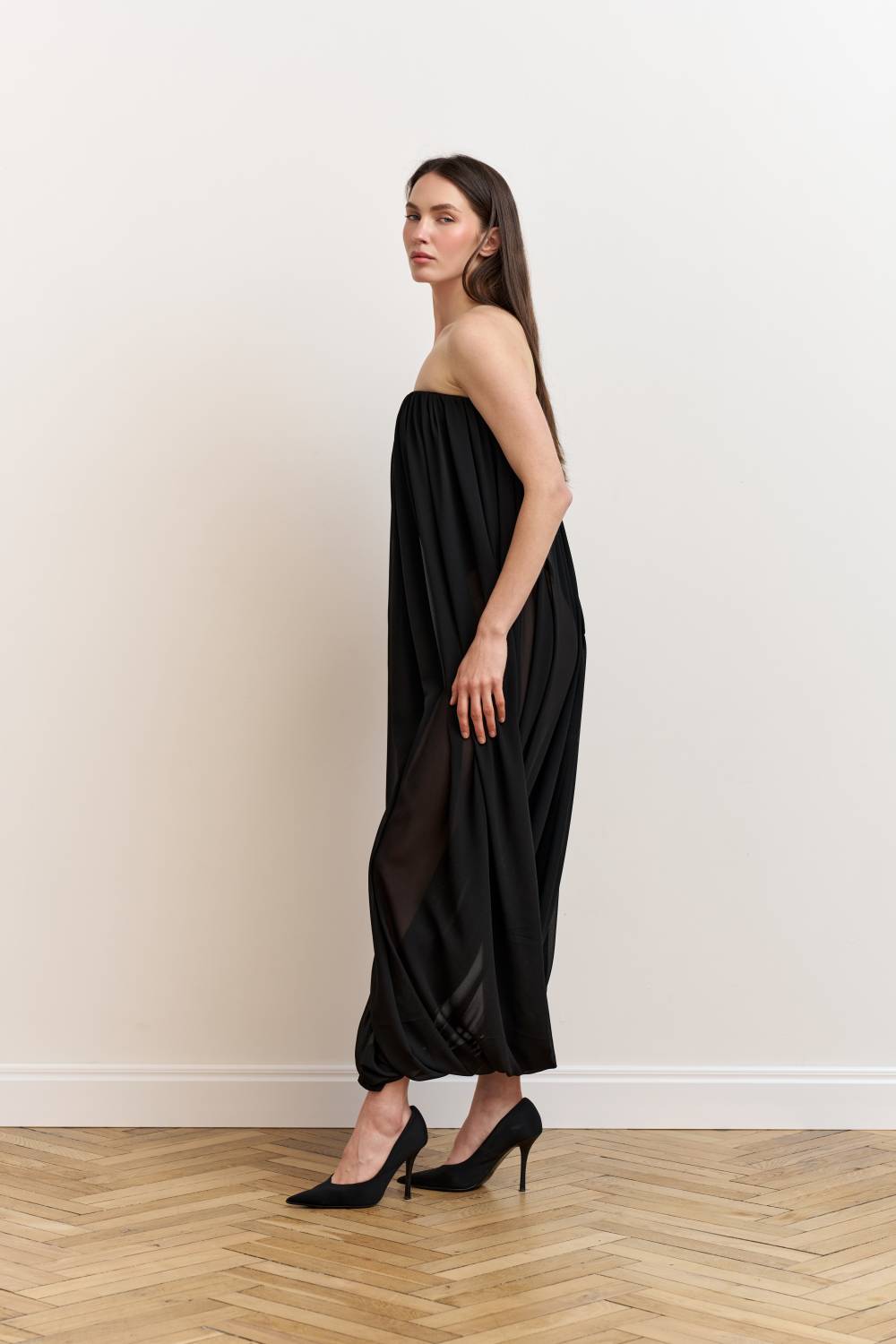 Black draped bodysuit dress7