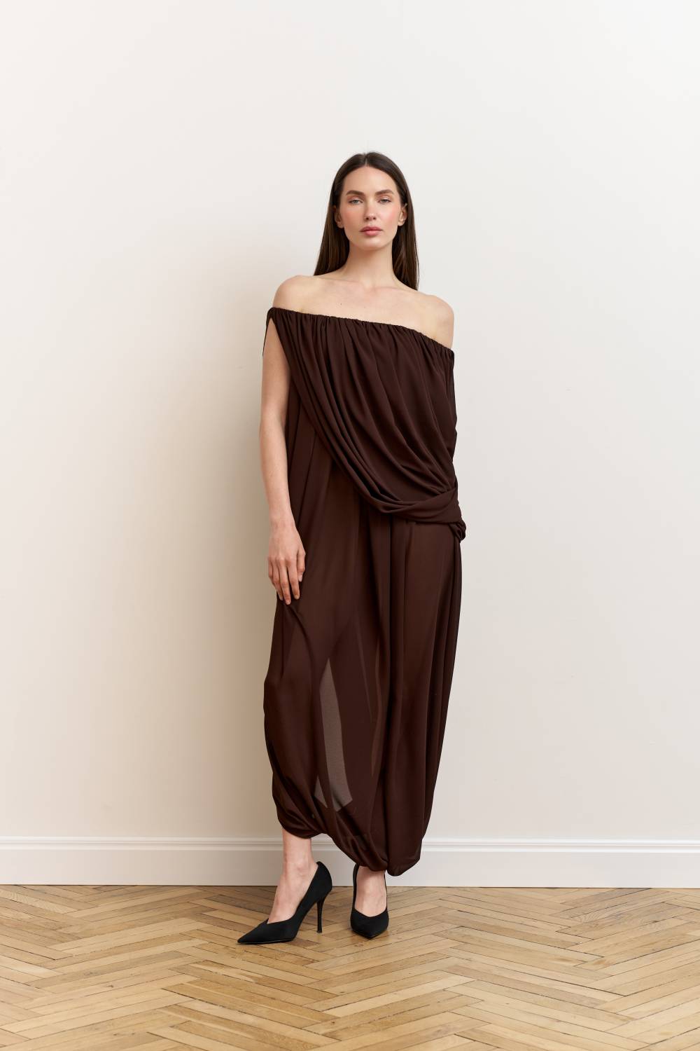 Brown asymmetrical draped dress7