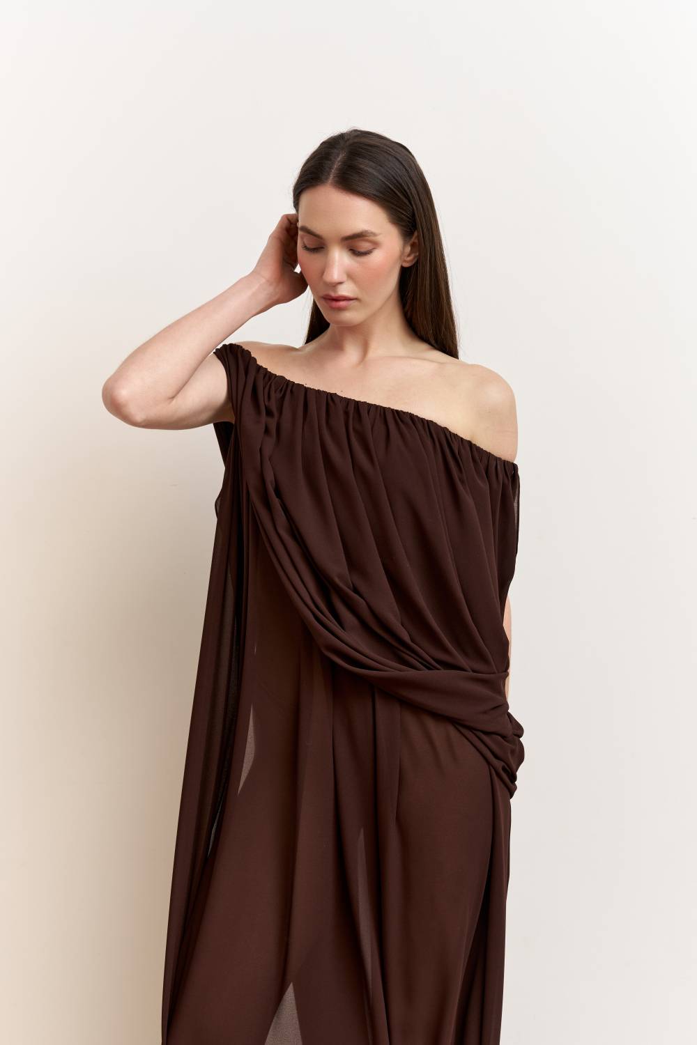 Brown asymmetrical draped dress3